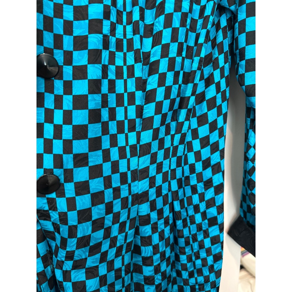 Adrianna Papell 80s 90s Silk Checkerboard Dress Teal Black Bow Vintage Size 14 - Picture 8 of 8